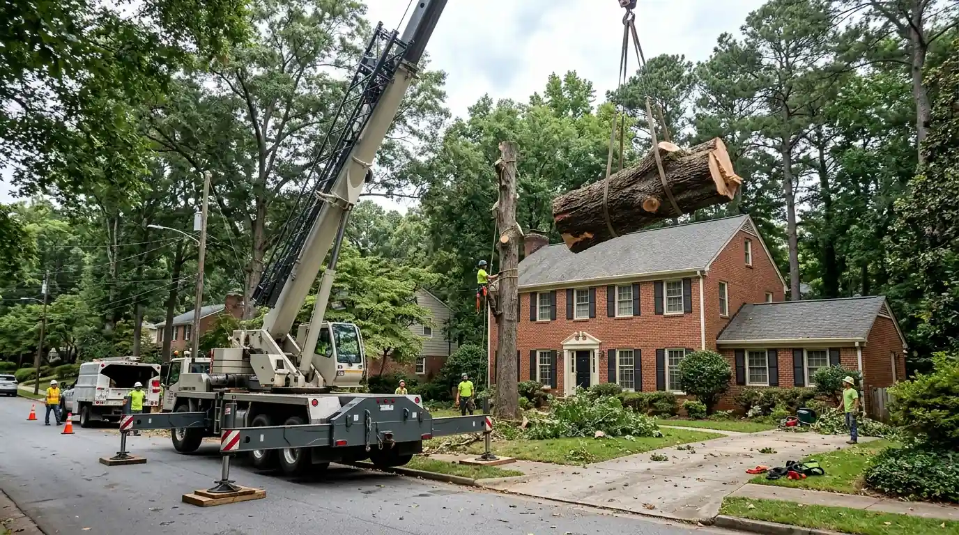 Crane lifting an oak section over a two-story colonial roof