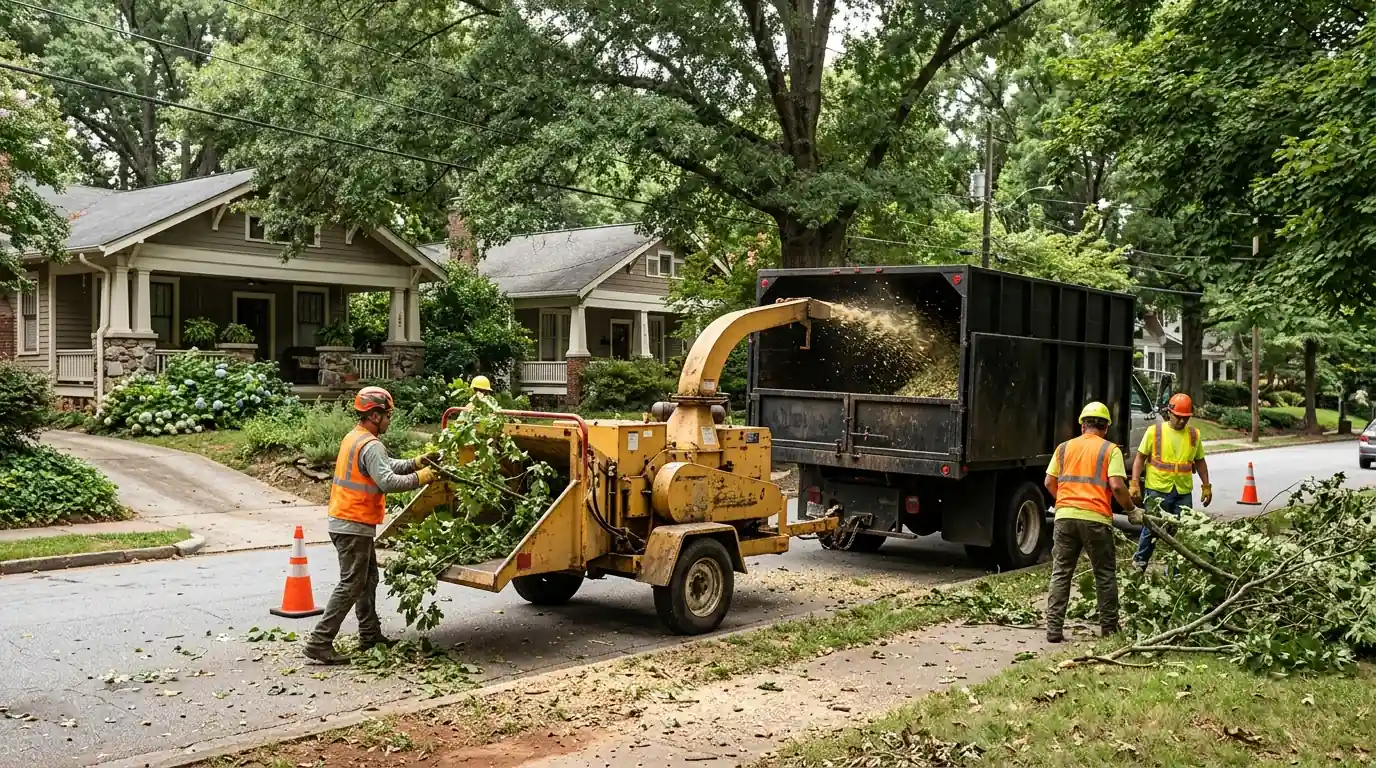 Branches fed into a wood chipper at a tree-lined curb