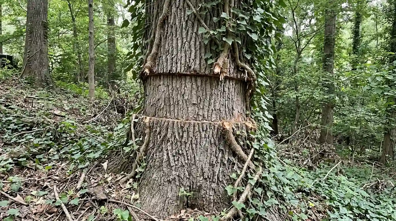 Ivy stems cut at shoulder height on a tulip poplar trunk