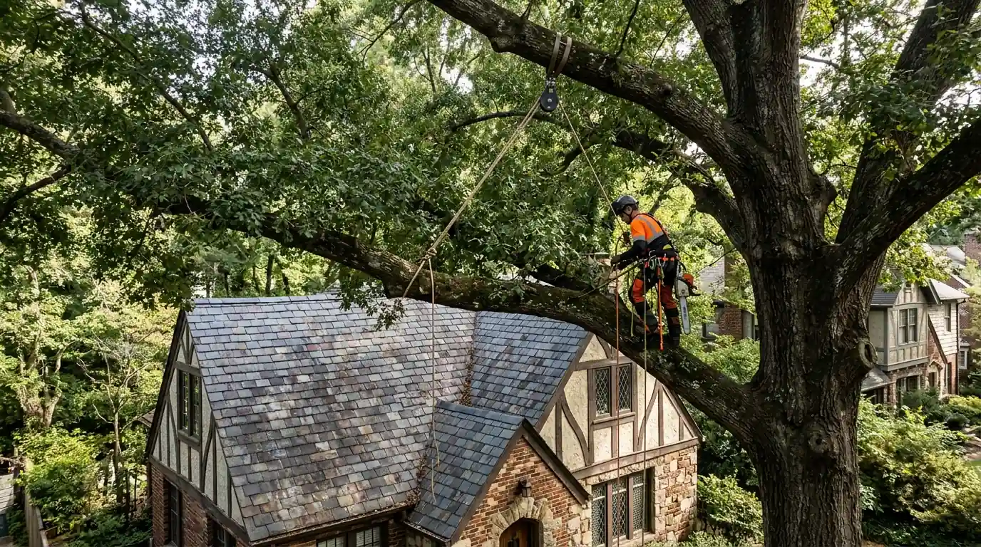 Climber rigging a heavy water oak limb over a slate roof