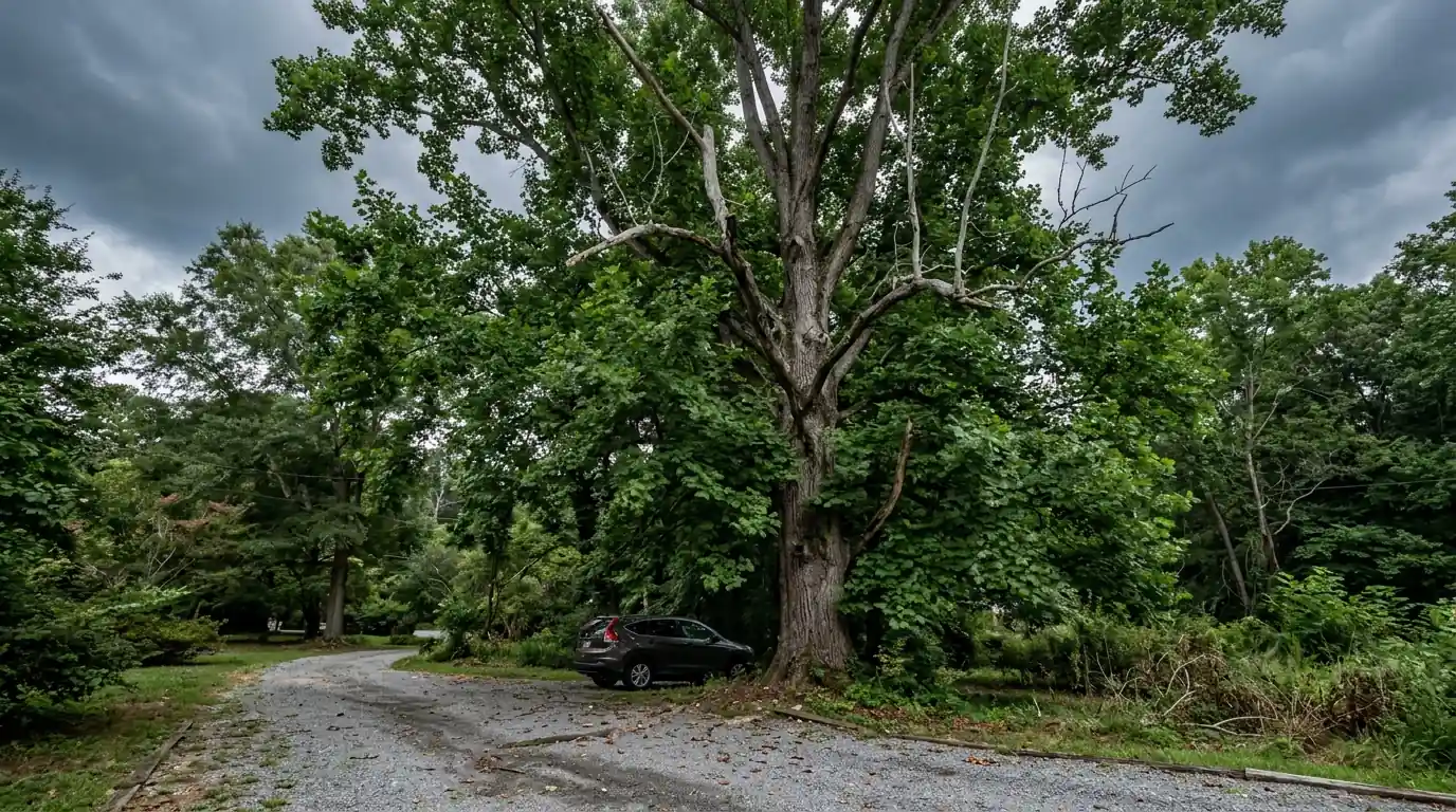 Dead gray branches inside a green tulip poplar crown