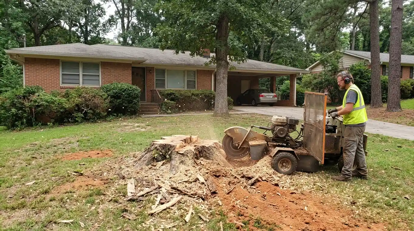 Grinding a water oak stump in front of a brick ranch