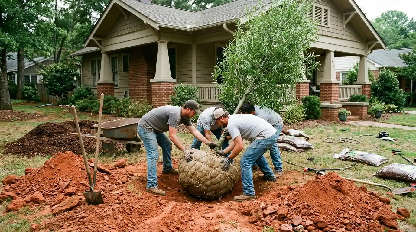 Crew setting a young willow oak into a wide planting hole