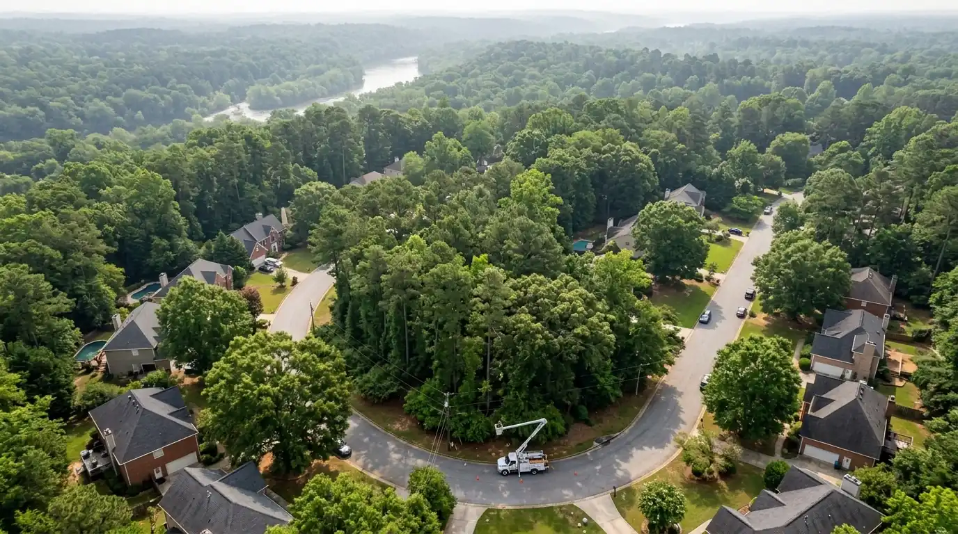 Wooded north Fulton neighborhood with tall pines above rooftops