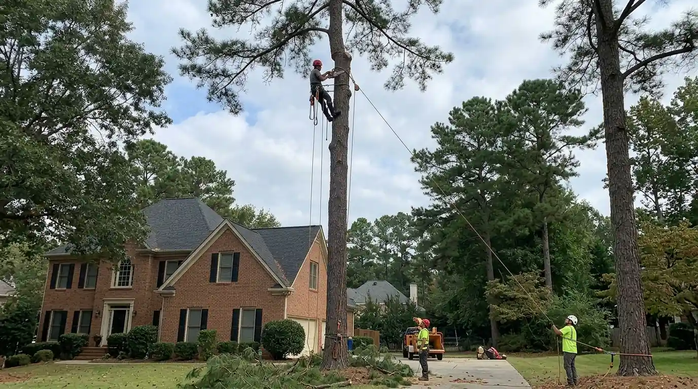 Climber removing the top of a tall pine near a house