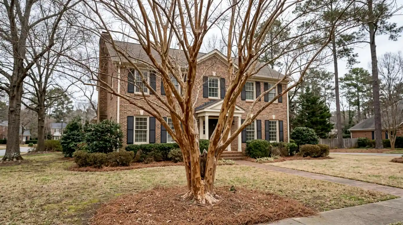 Naturally shaped crape myrtle with smooth peeling bark in winter