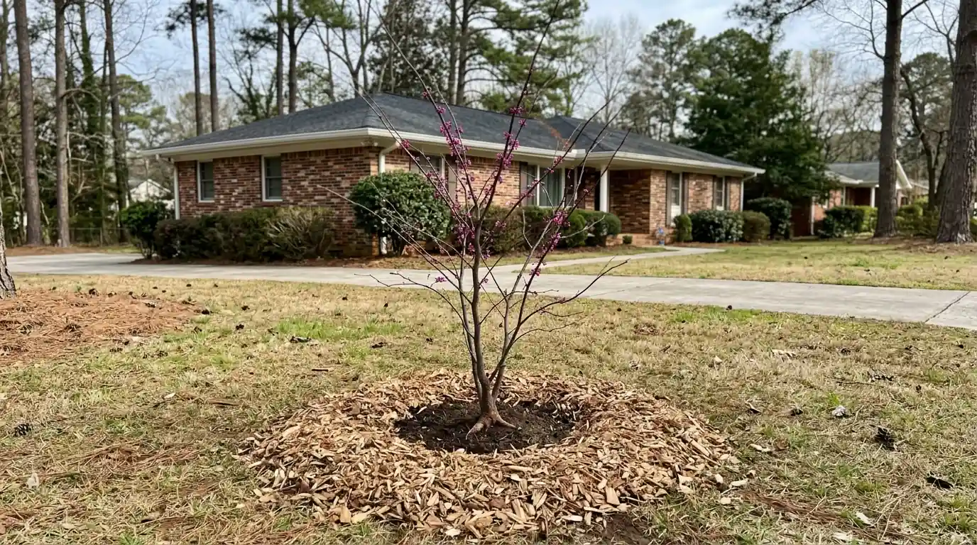 Newly planted redbud in a flat ring of mulch