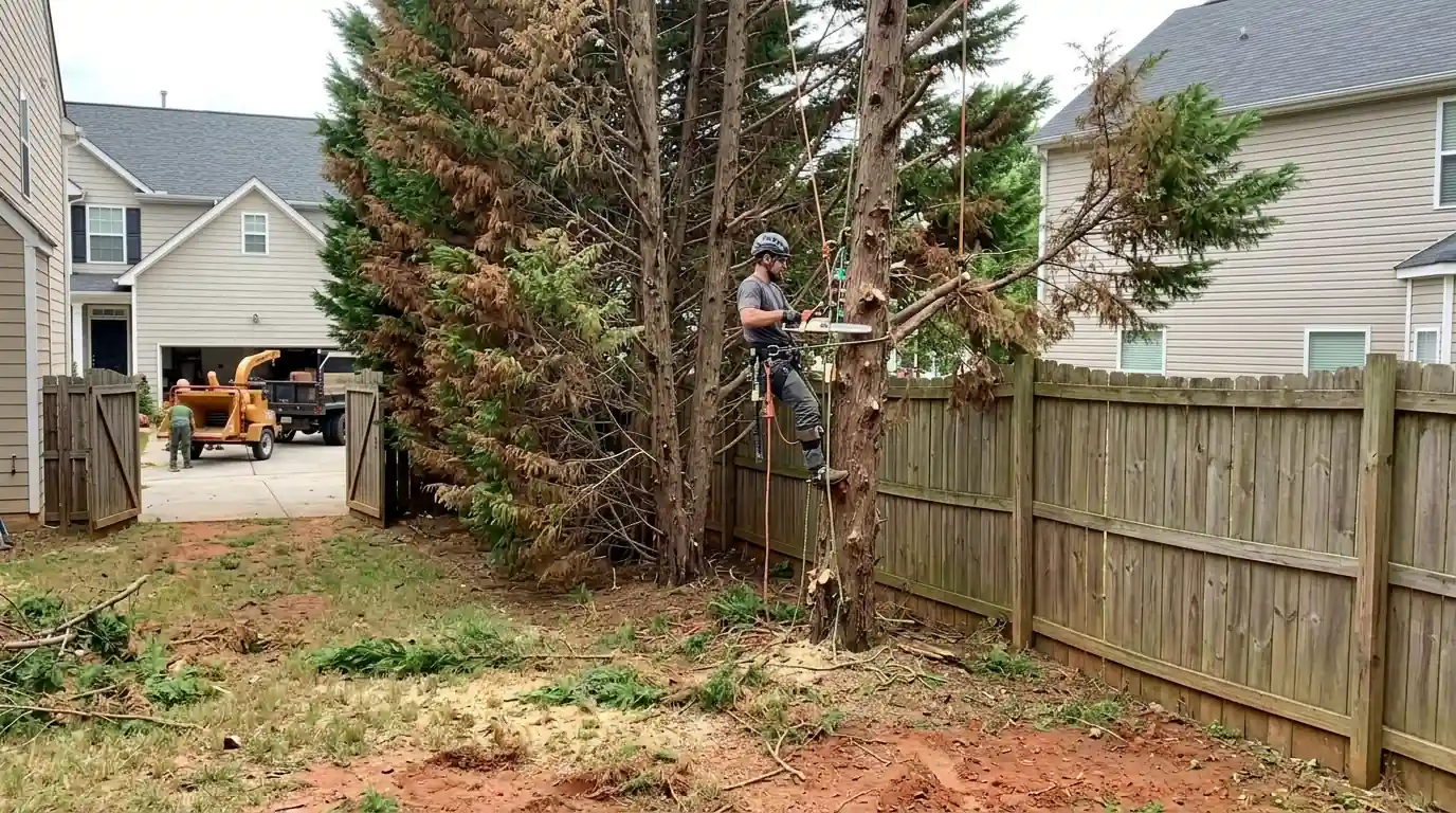 Climber removing a browning Leyland cypress from a privacy row