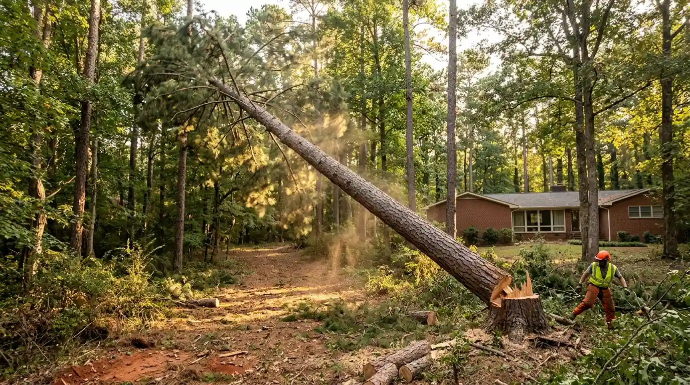 Tall pine being felled on a wooded lot behind a brick ranch
