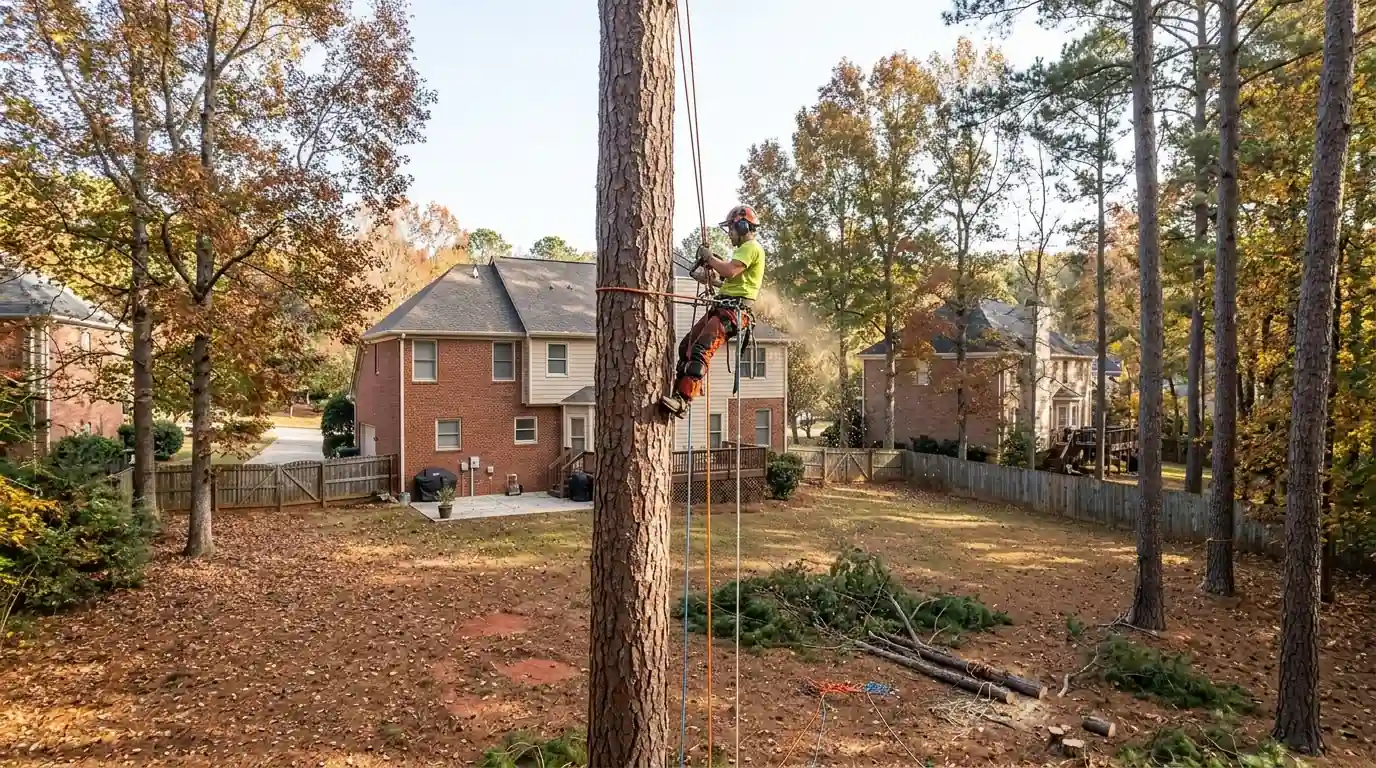 Climber removing a tall pine behind a two-story Duluth home
