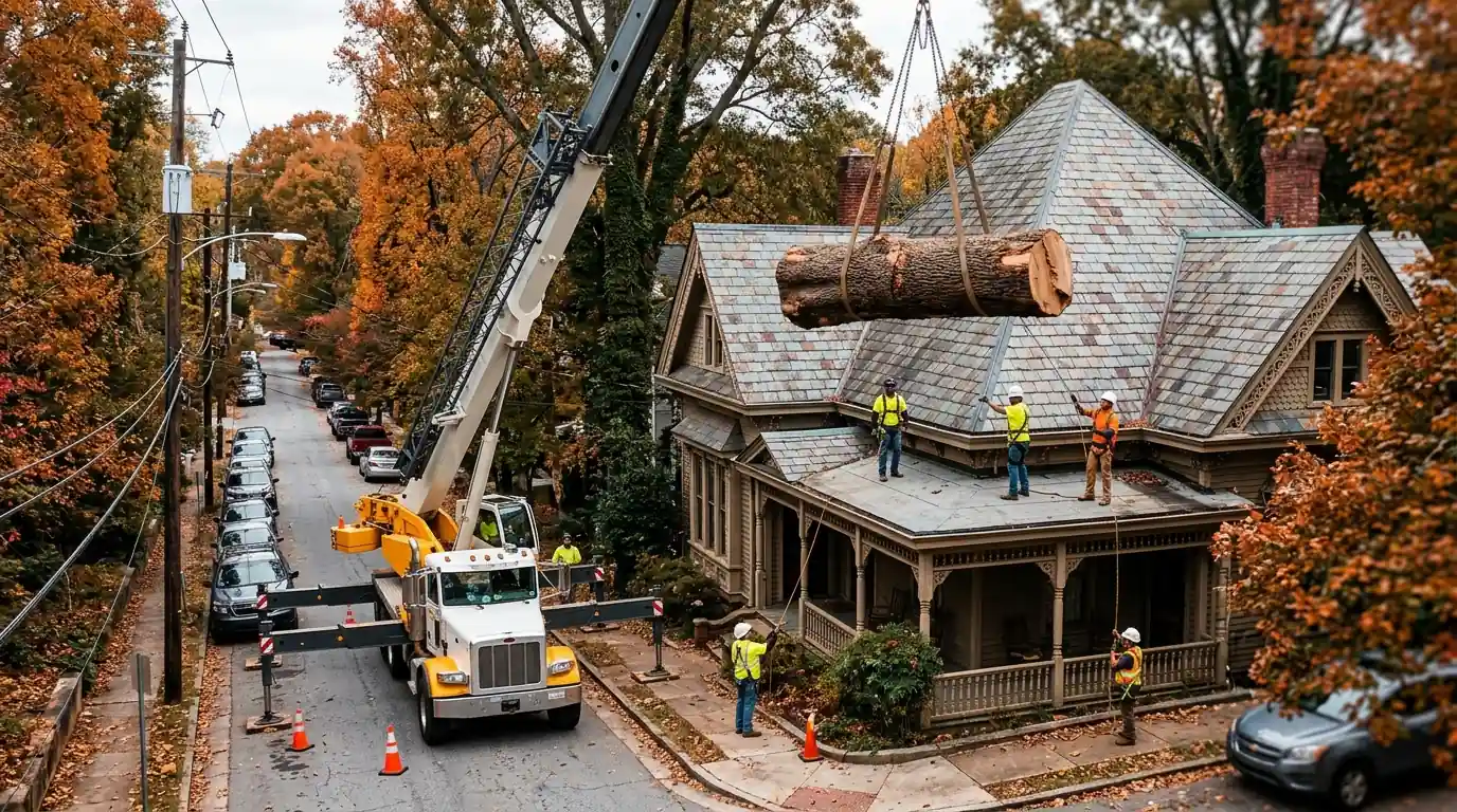 Crane lifting an oak trunk over a Victorian house roof