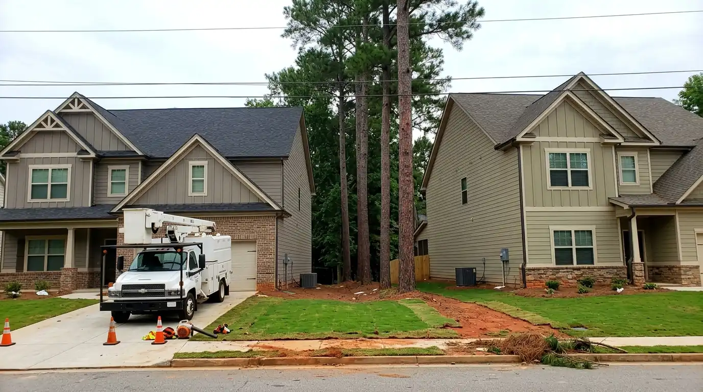 Tall pines in a narrow gap between new Cumming homes