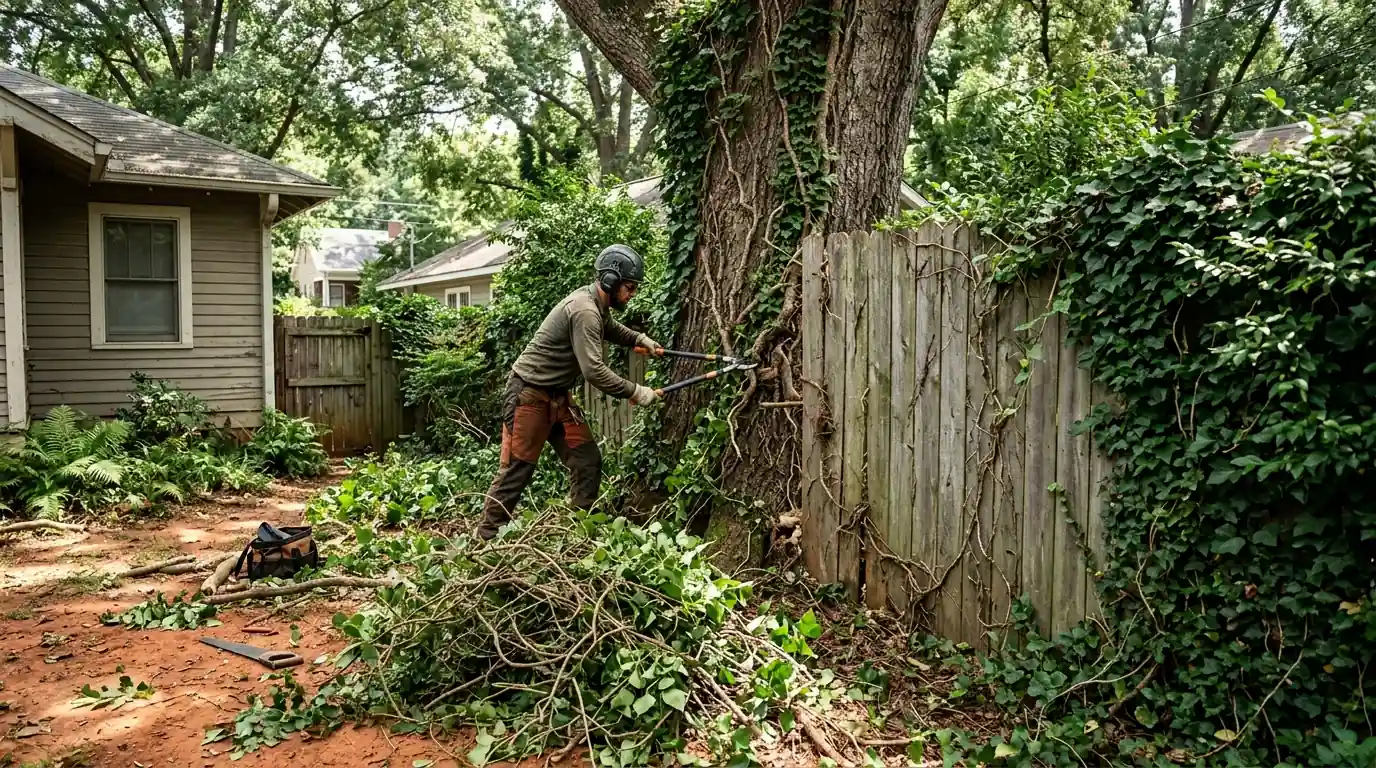 Arborist cutting ivy and privet off a fence behind a cottage