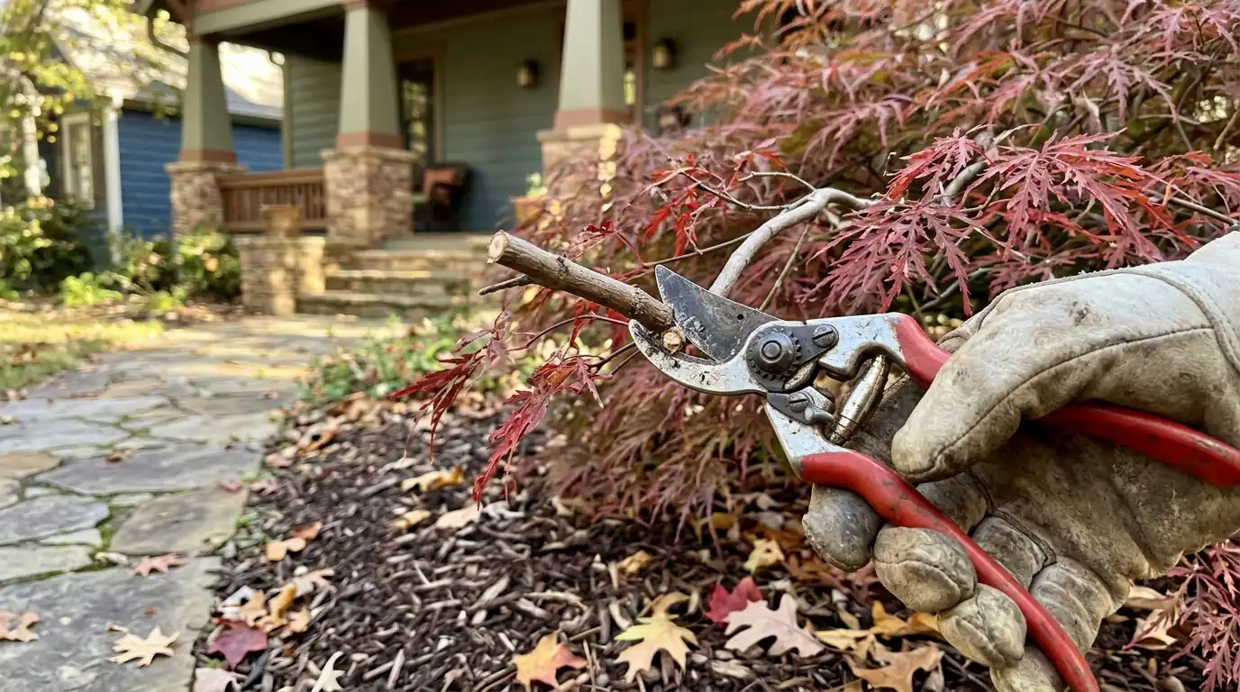 Hand pruning a laceleaf Japanese maple beside stone steps