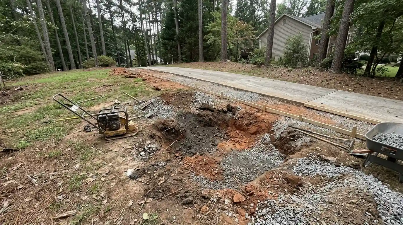 Stump hole backfilled in layers beside a planned driveway extension