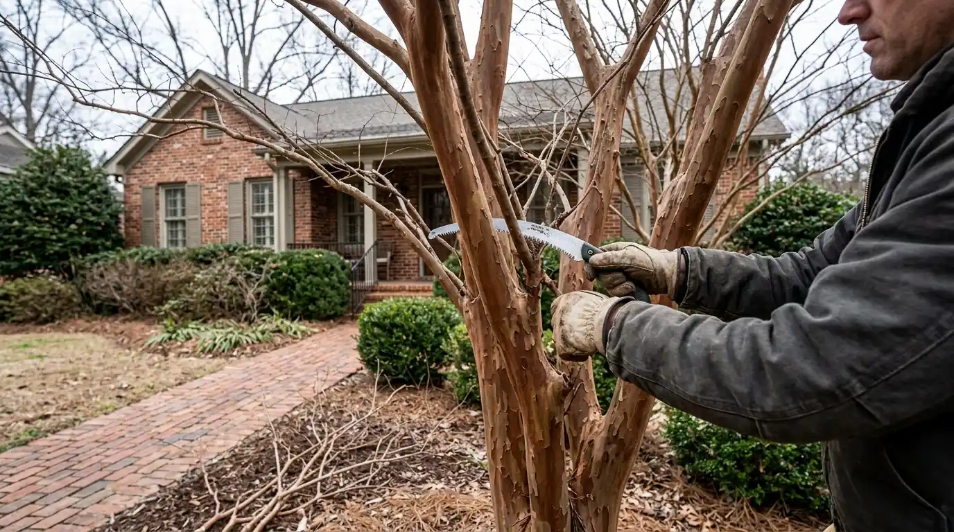 Hand pruning a multi-trunk crape myrtle in late winter