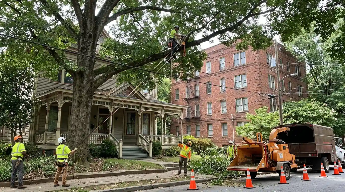 Climber rigging a maple limb over a Victorian porch in Midtown