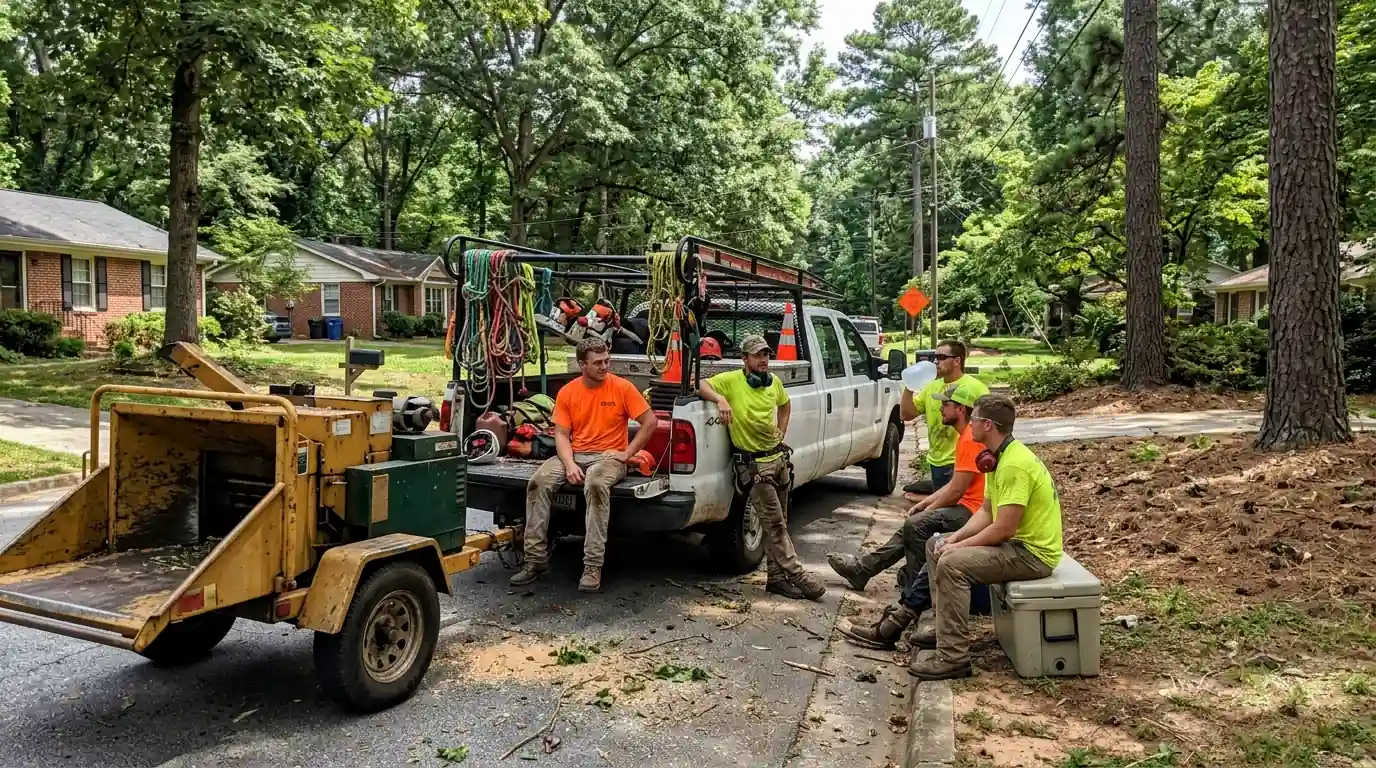 Tree crew beside a chipper and a truck loaded with rigging