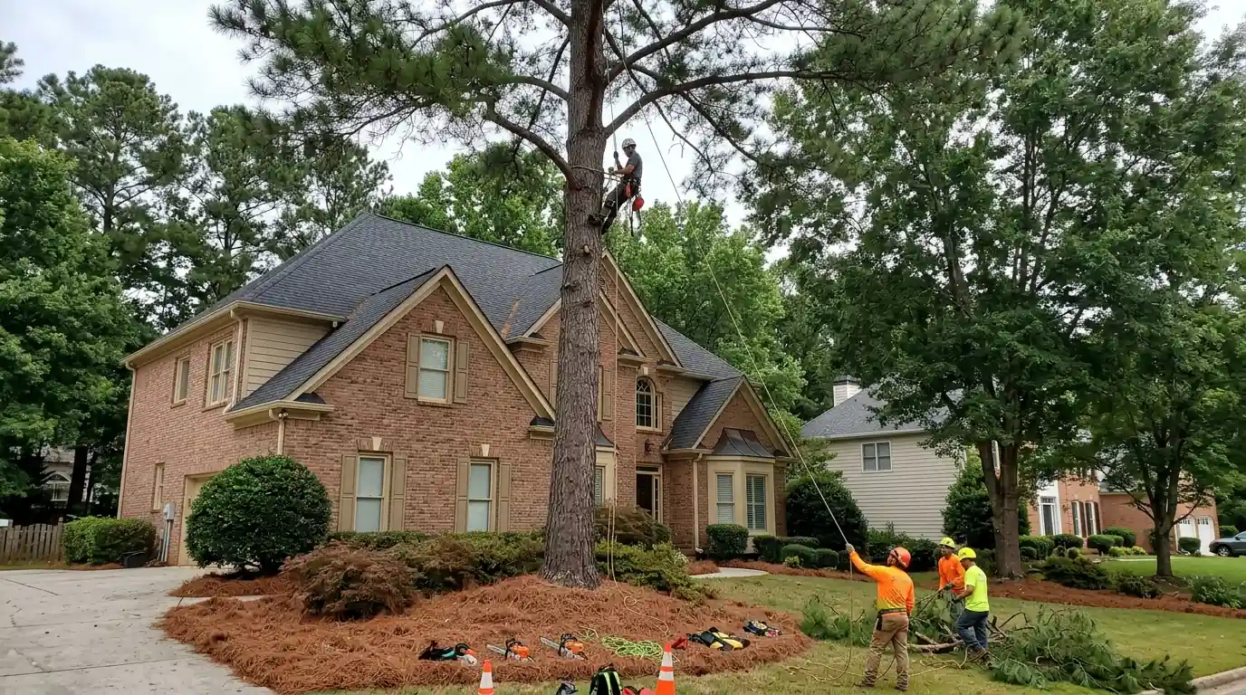 Climber removing a tall loblolly pine beside a two-story home