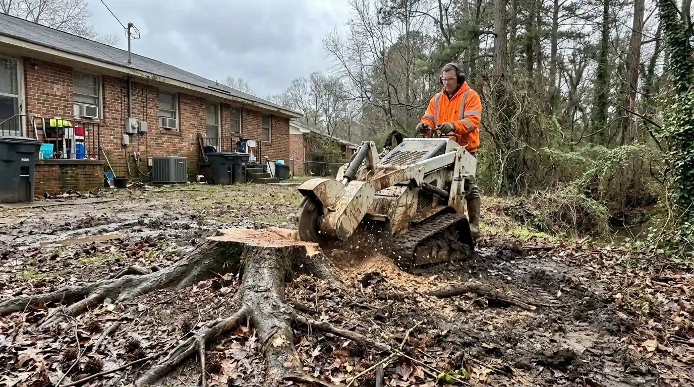 Stump grinder removing a sweetgum stump behind a brick duplex