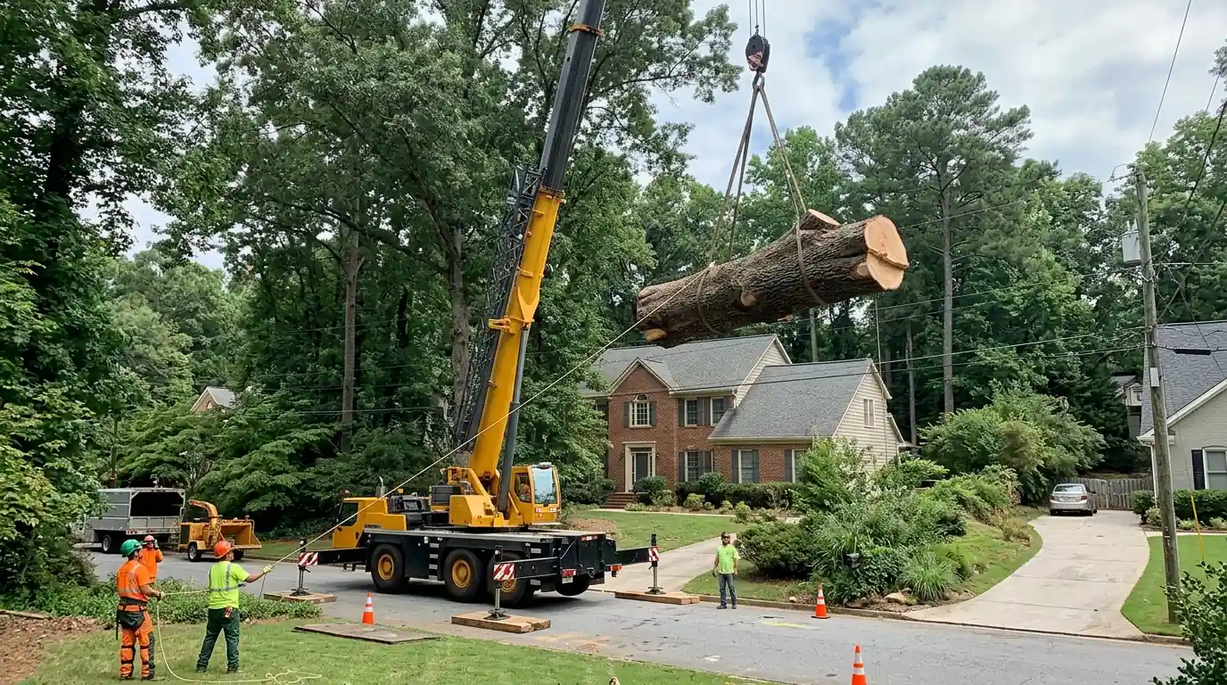 Crane lifting a log section over a house