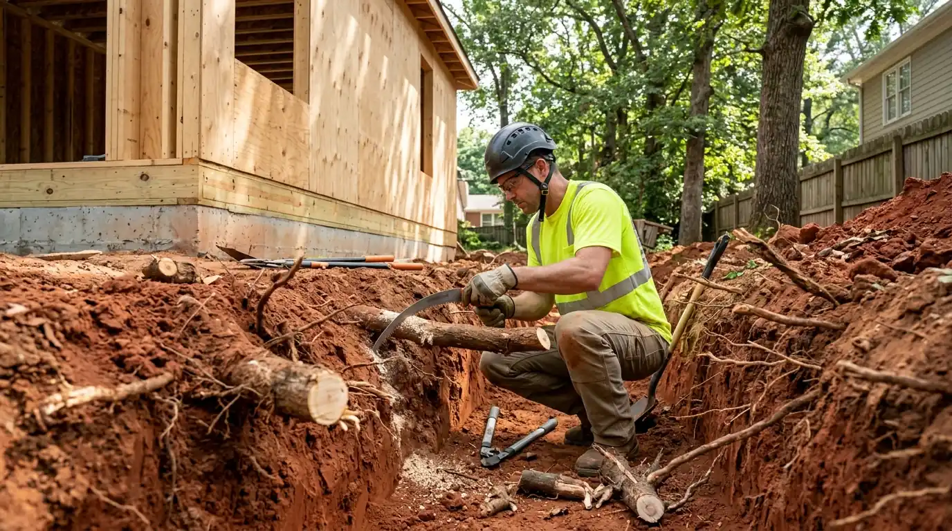 Arborist cleanly cutting exposed roots along a foundation trench