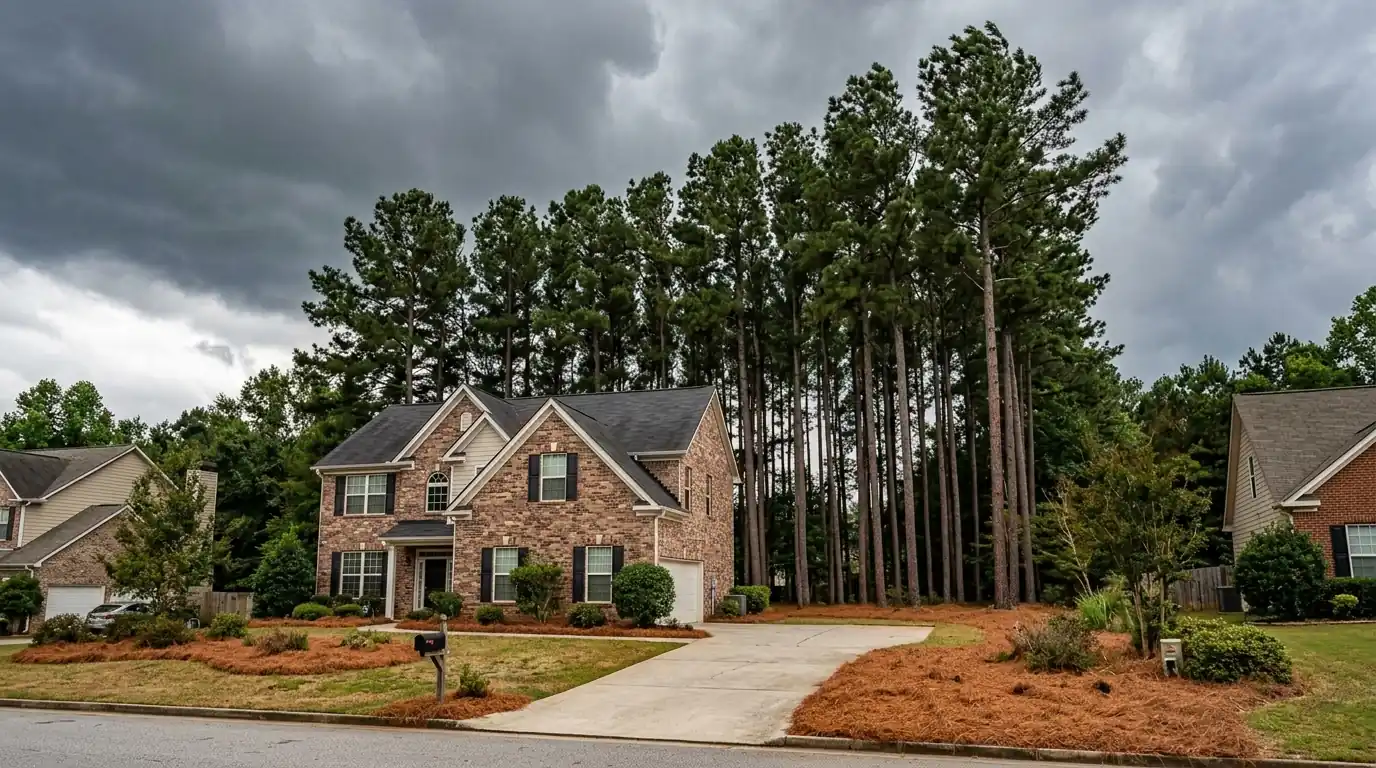 Tall loblolly pines behind a two-story brick home