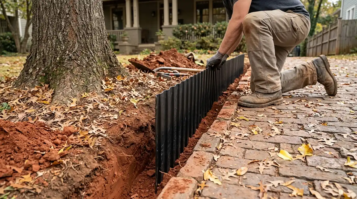 Root barrier panel set in a trench beside a brick driveway