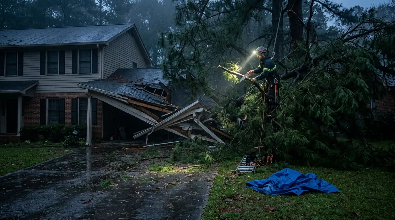 Climber removing light limbs from a pine on a crushed carport