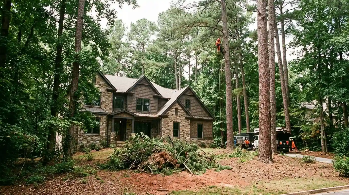 Climber high in a loblolly pine beside a new wooded-lot home