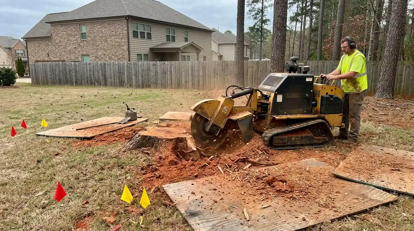 Grinding a pine stump below grade in a Lawrenceville backyard