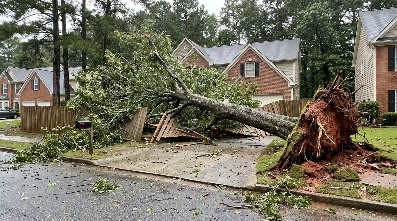 Uprooted oak across a driveway after a storm