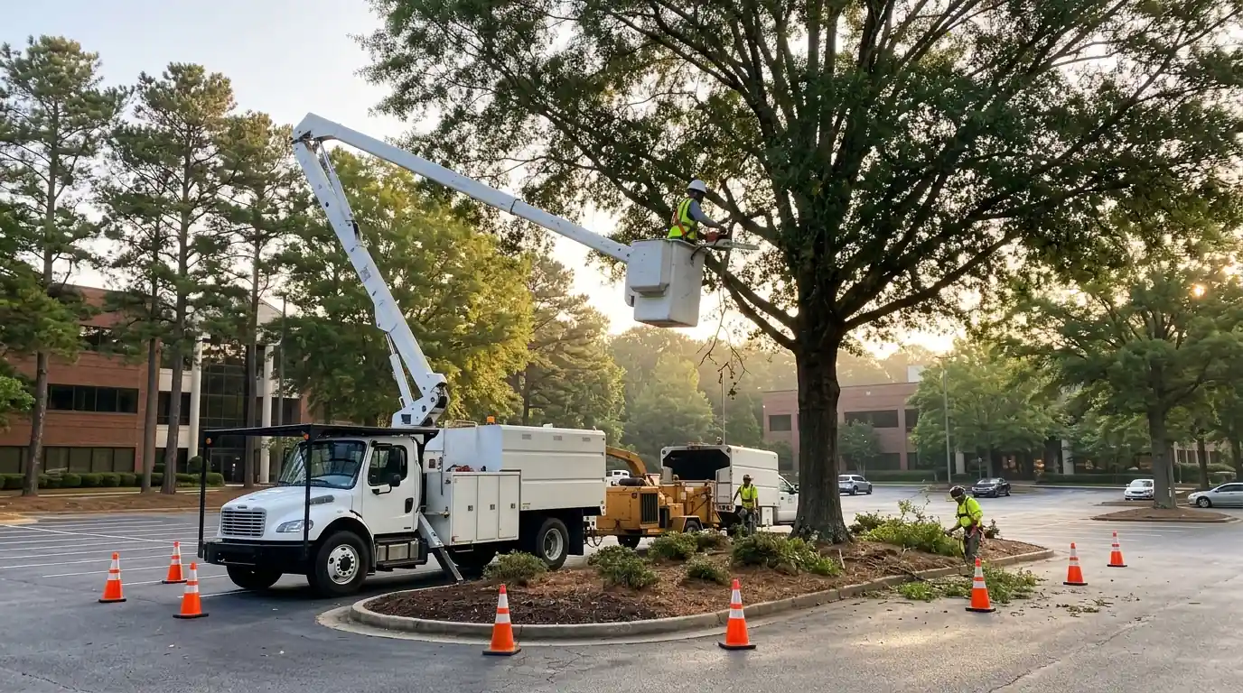 Bucket truck pruning an oak in a parking lot island