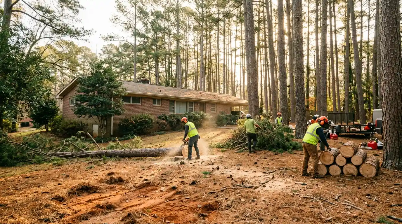 Crew thinning a stand of loblolly pines behind a brick ranch