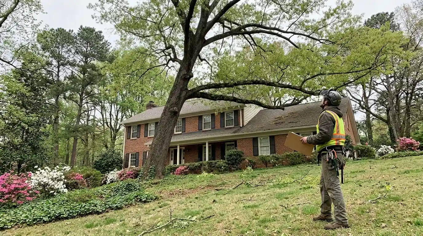 Arborist studying the crown of a water oak beside a brick home