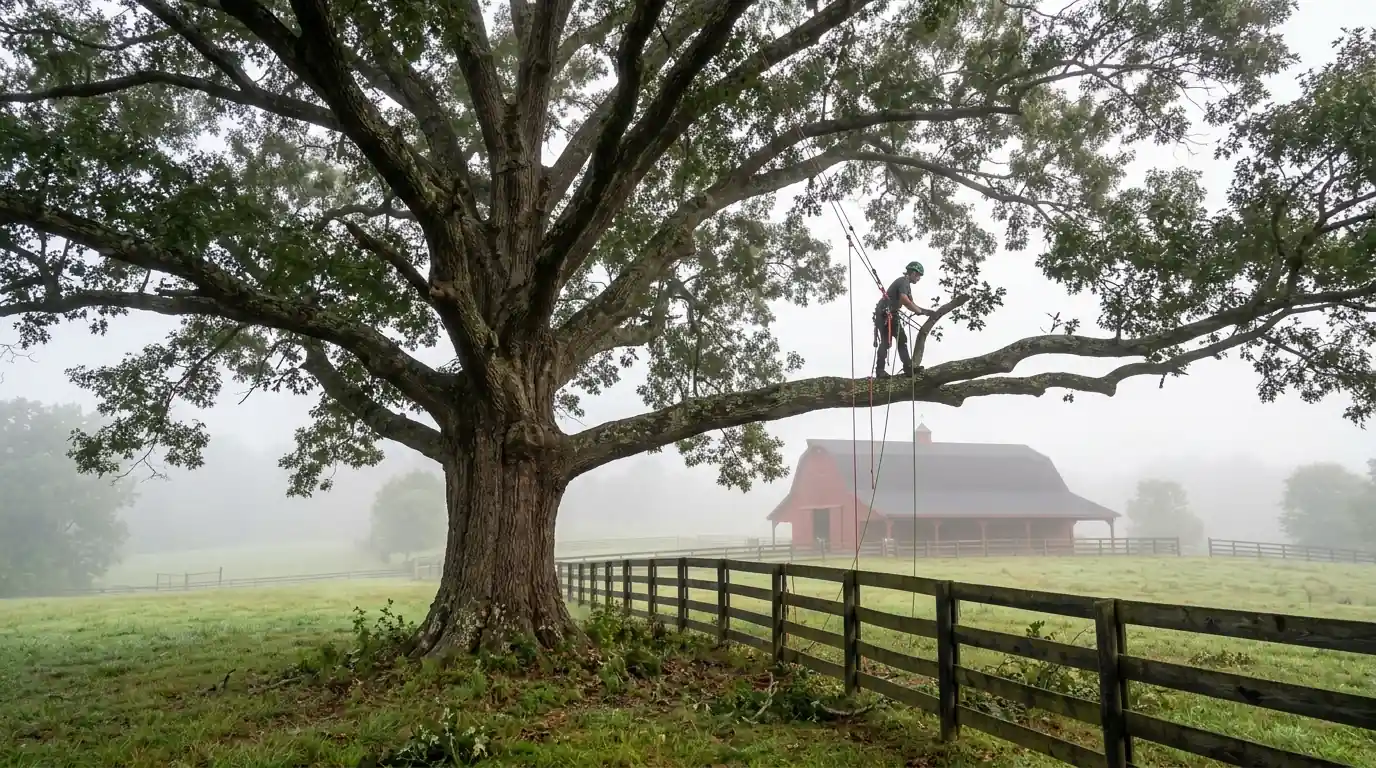 Pruning a large white oak over a Milton pasture fence