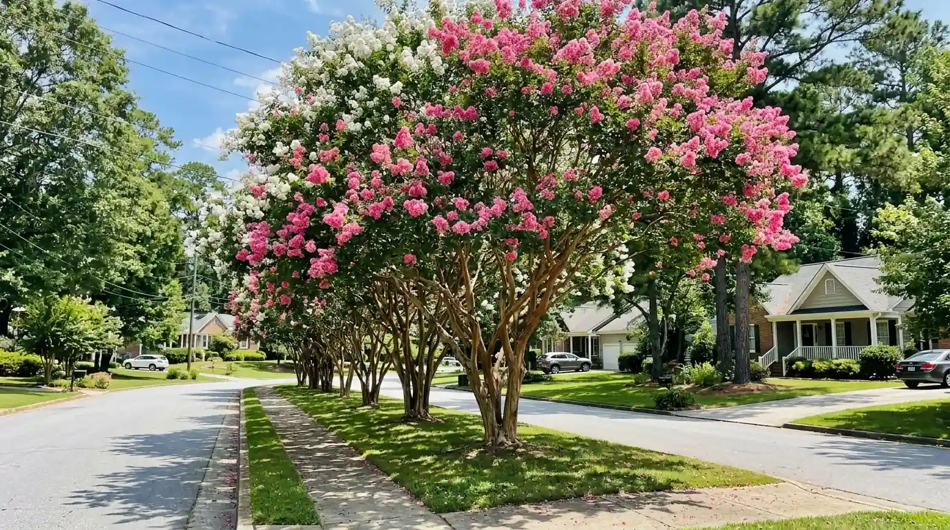 Naturally shaped crape myrtles in bloom along a sidewalk
