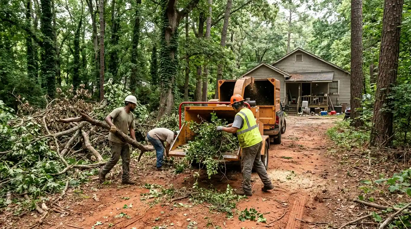 Crew chipping privet and fallen limbs behind an older Norcross home