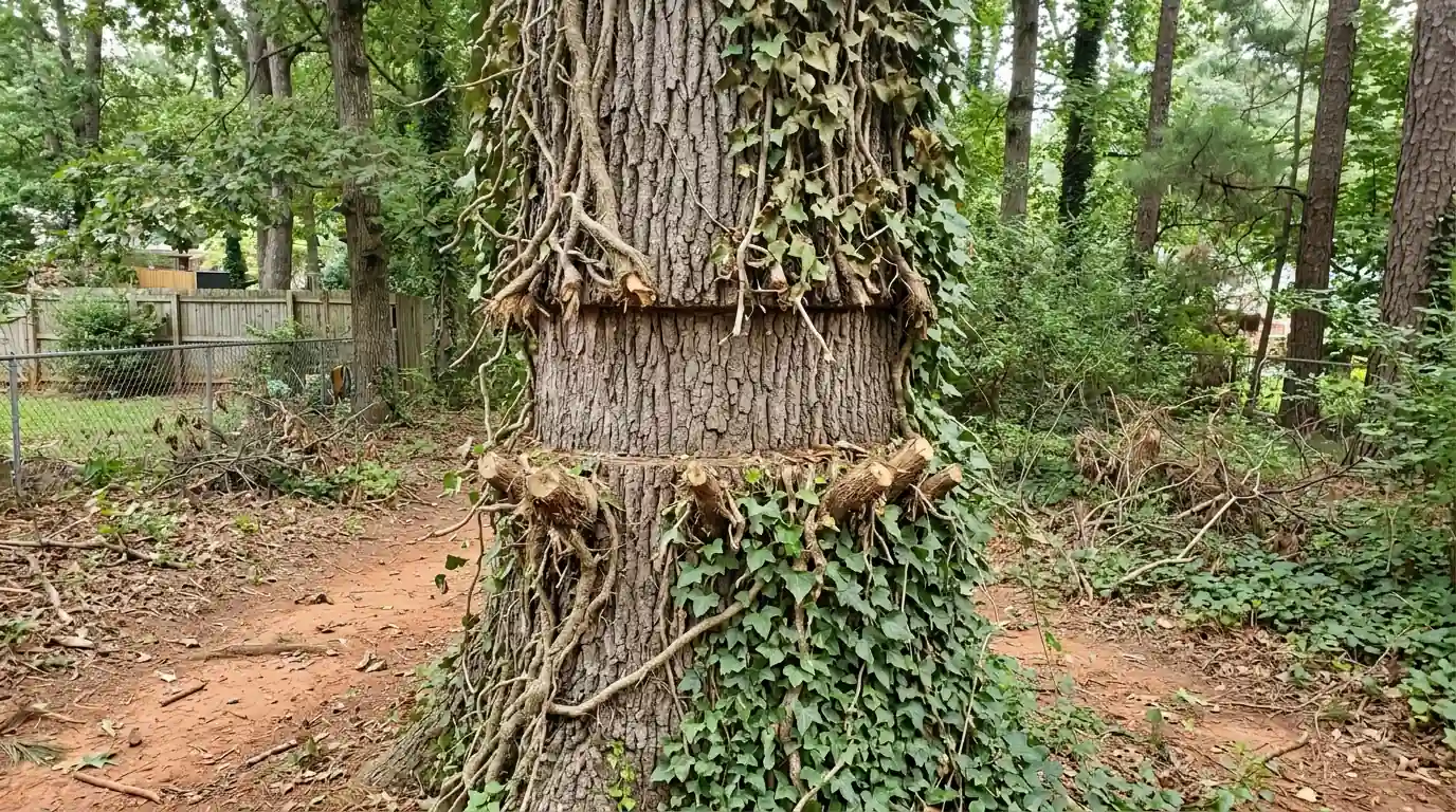 English ivy climbing a tulip poplar trunk with a cut ring