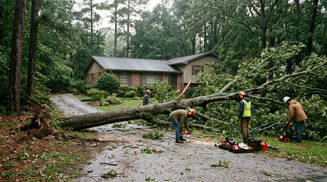 Fallen red oak across a driveway on a wooded Tucker lot