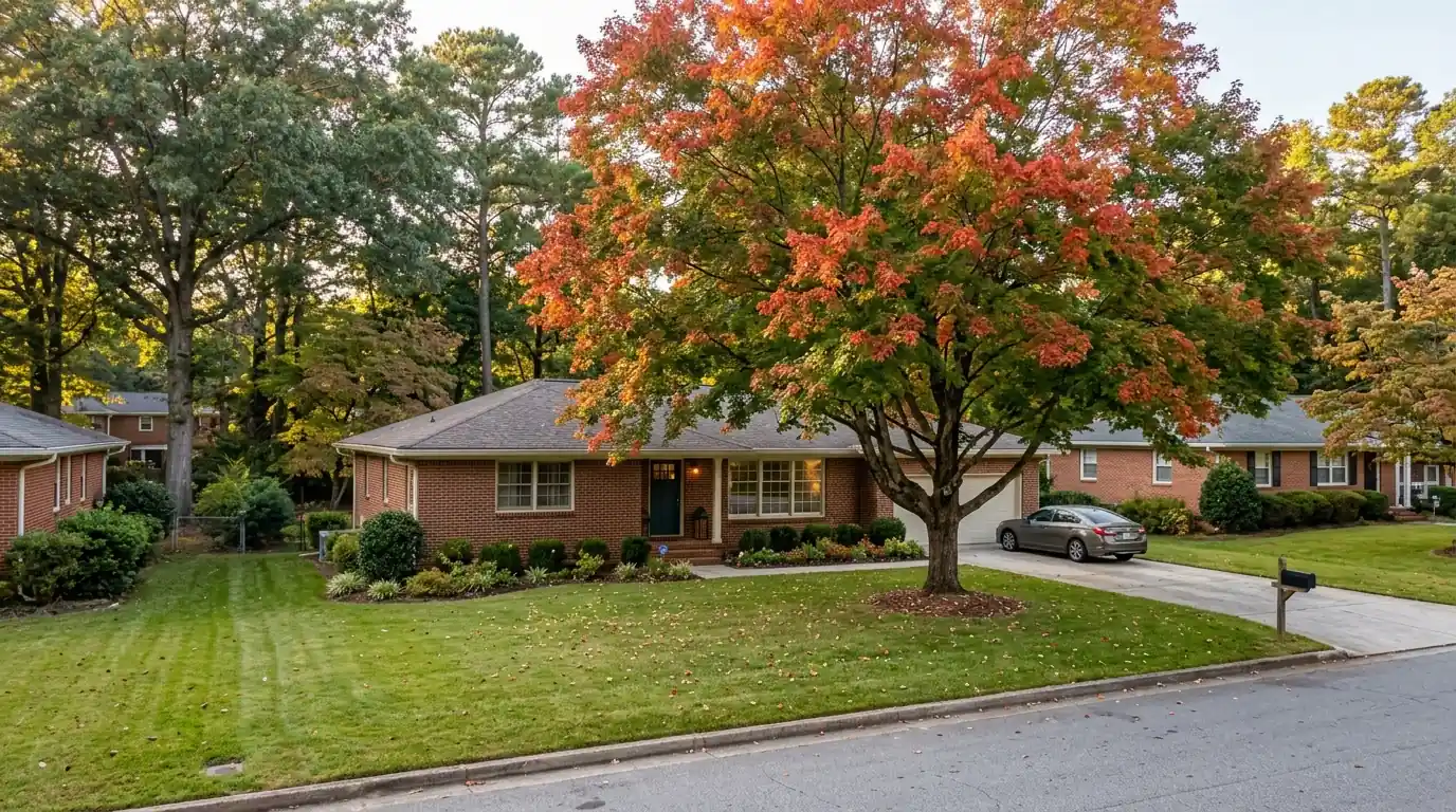 Red maple shading a brick home