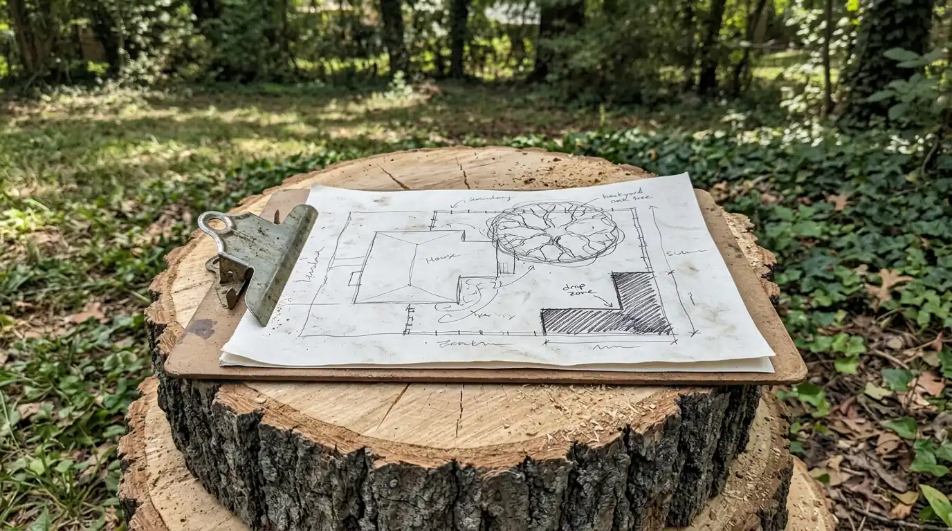 Site sketch on a clipboard resting on oak rounds