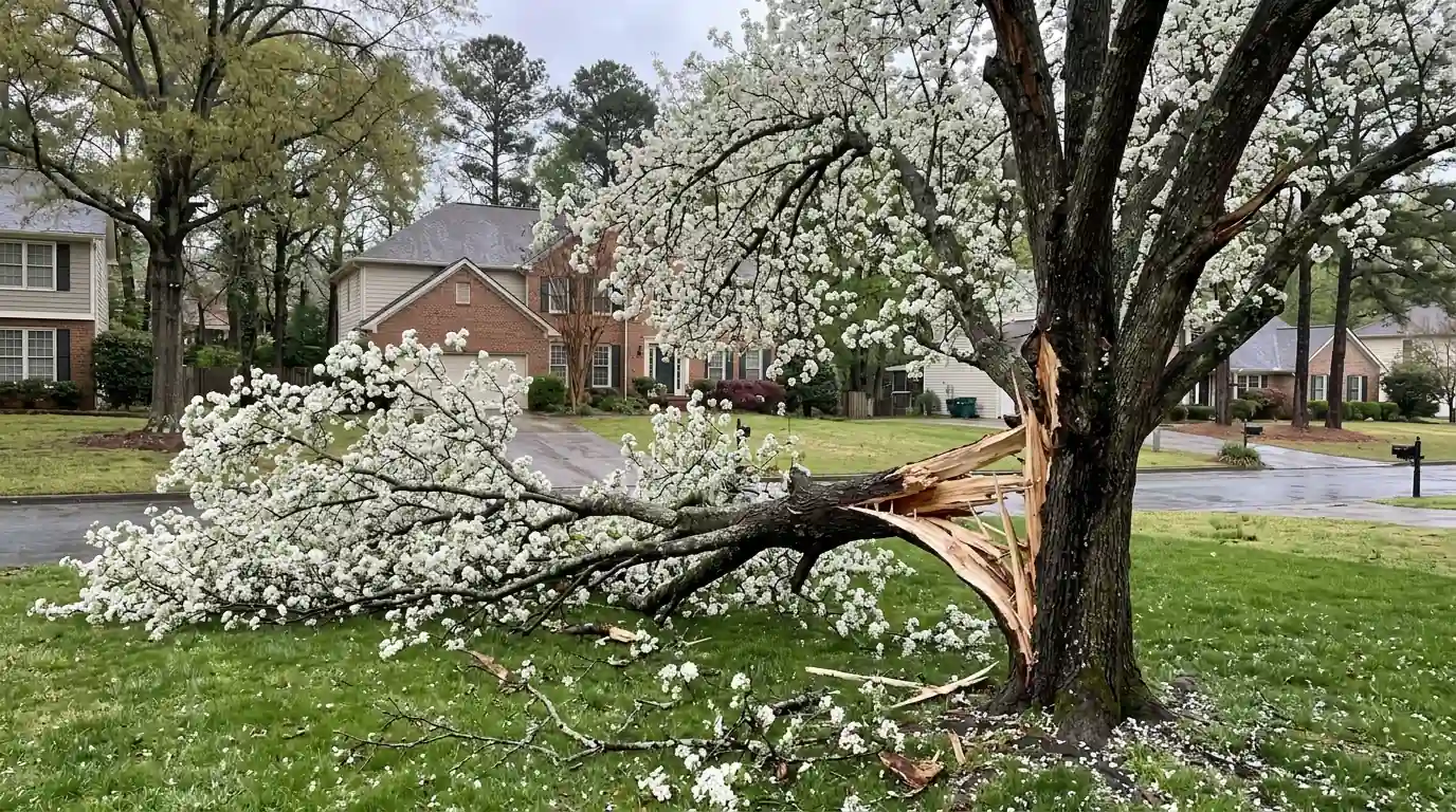Split Callery pear after a storm