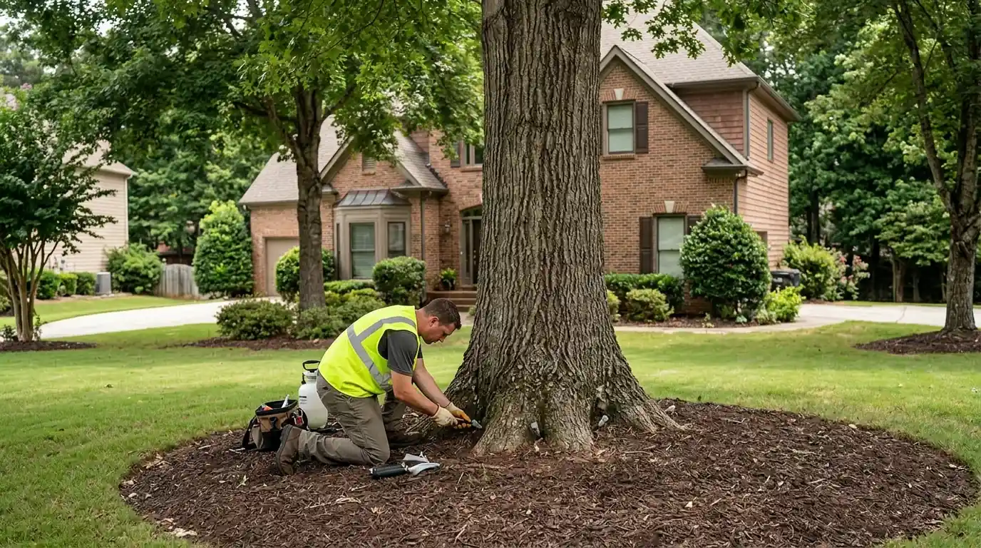 Technician injecting the base of an ash tree in a front yard