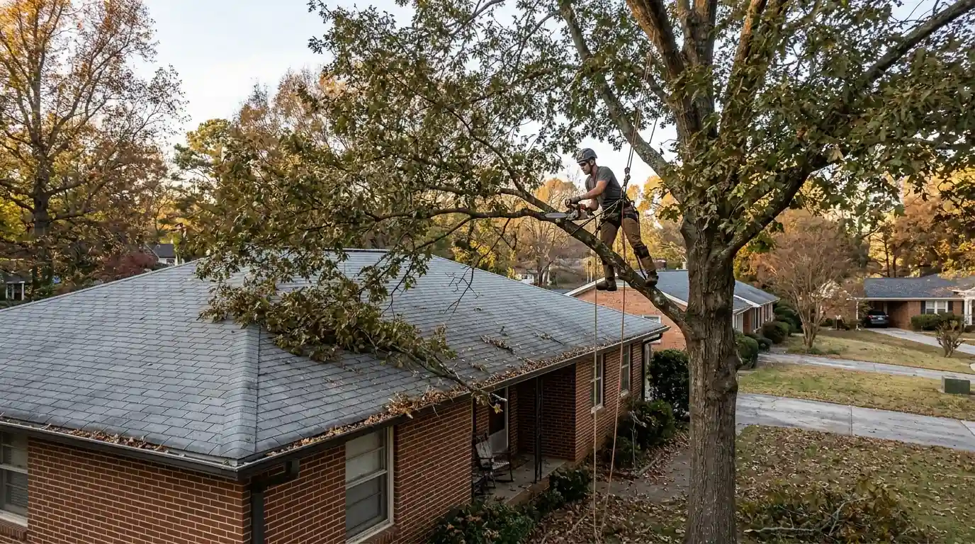 Climber trimming oak limbs back from a ranch house roof