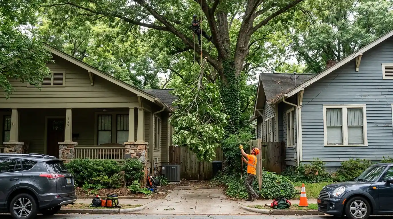 Oak limb lowered on rope between two close-set bungalows