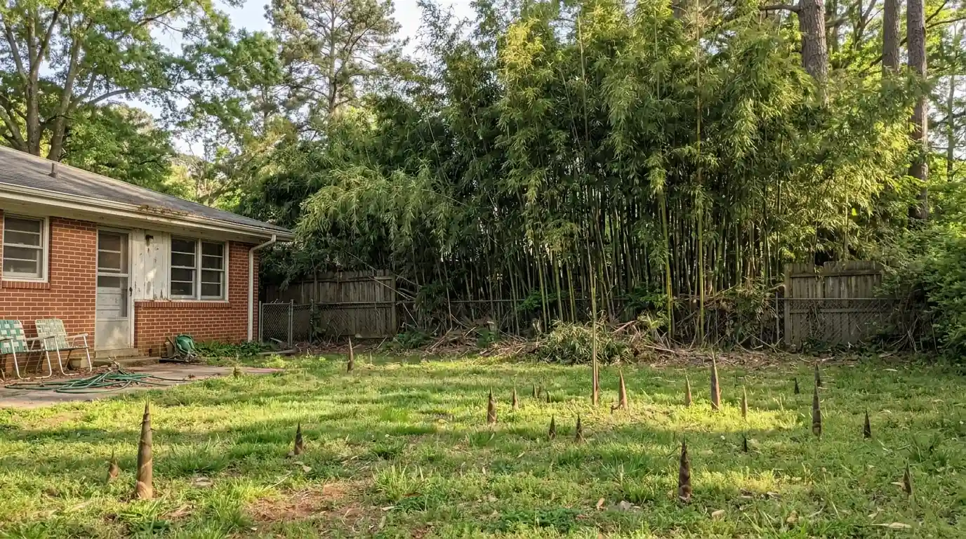 Running bamboo grove spreading across a backyard fence line