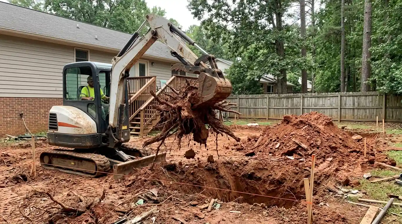 Mini excavator lifting an oak root ball from a backyard hole