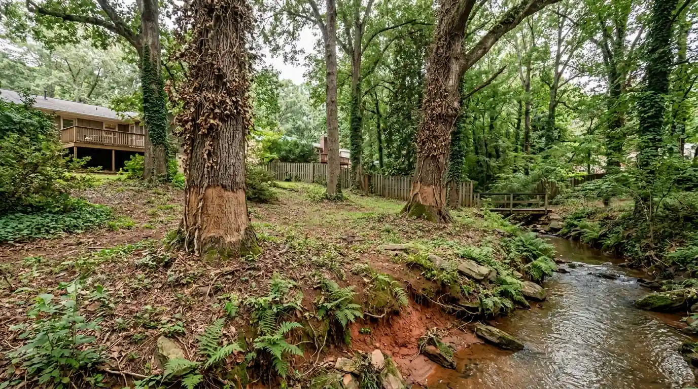 Oaks with dead ivy above cleared bands at the trunk base