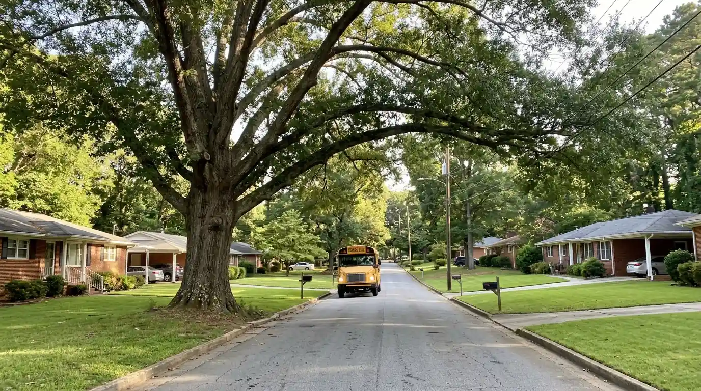 School bus passing under a raised oak crown on a street